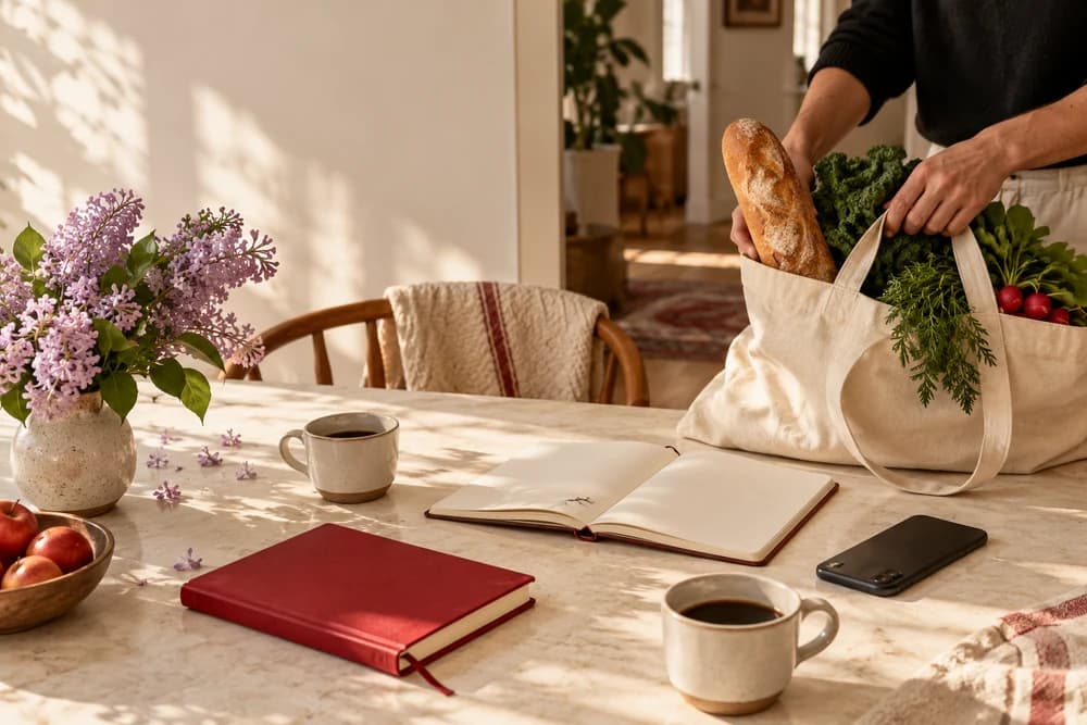 Illustrative scene of shared everyday plans: fresh shopping, a notebook and coffee on a sunlit table.
